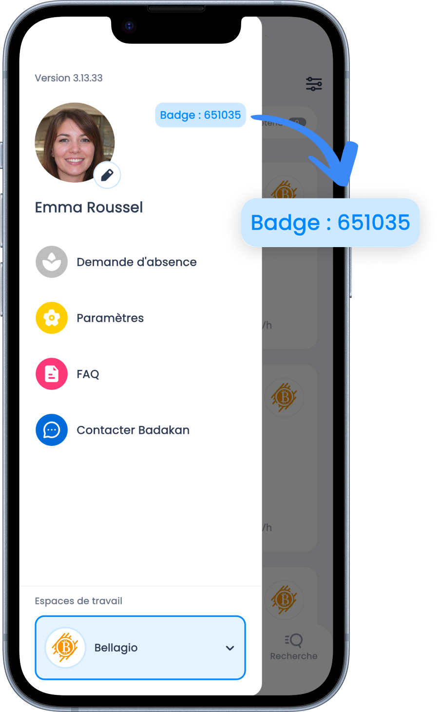 Interface de l'application mobile salarié avec son code personnel pour la badgeuse