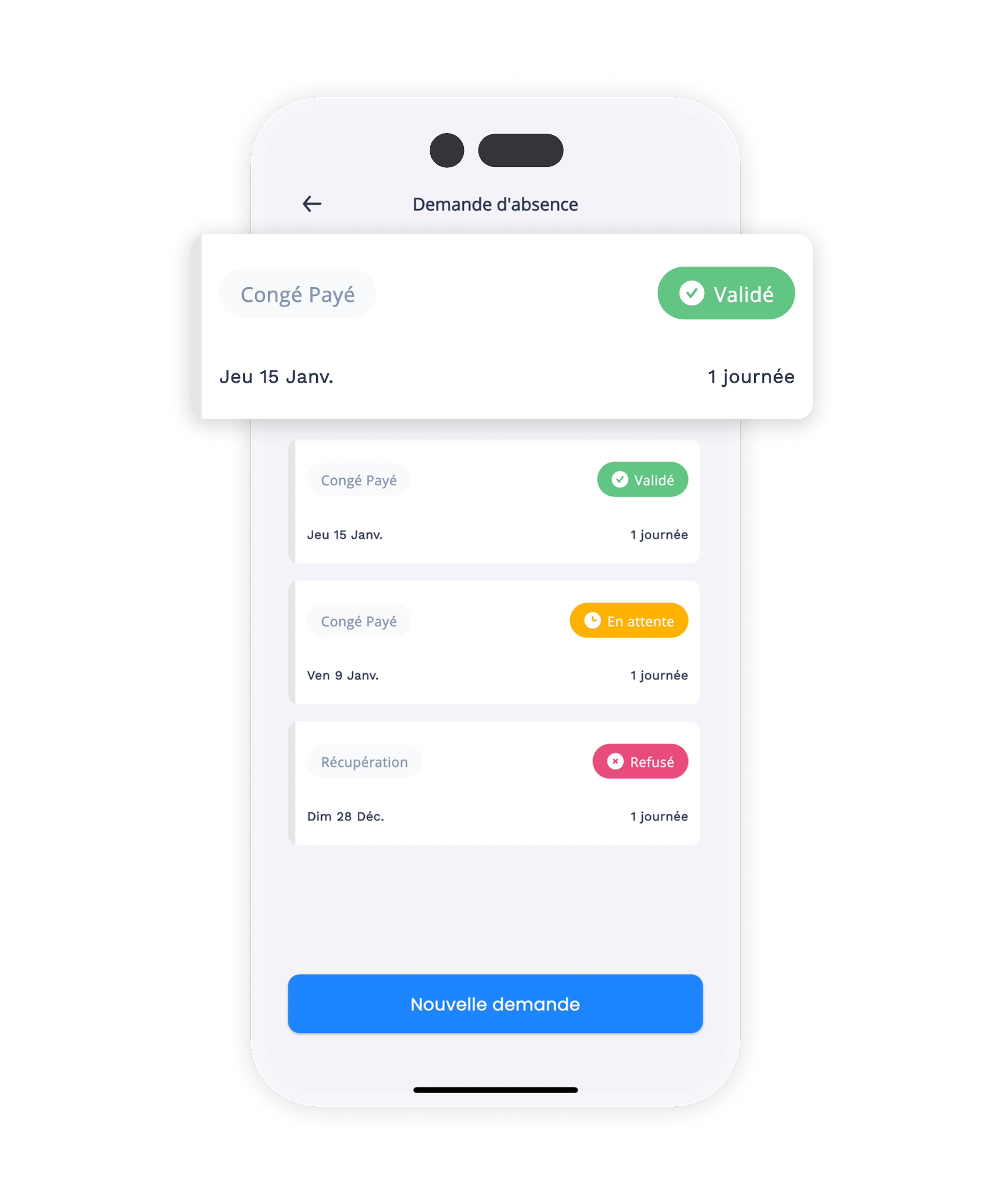 Écran mobile de l'App montrant toutes les demandes d'absences effectuées par le salarié et leur type (RTT, Congé Payé, etc) et leurs statuts : en cours, validé, refusé
