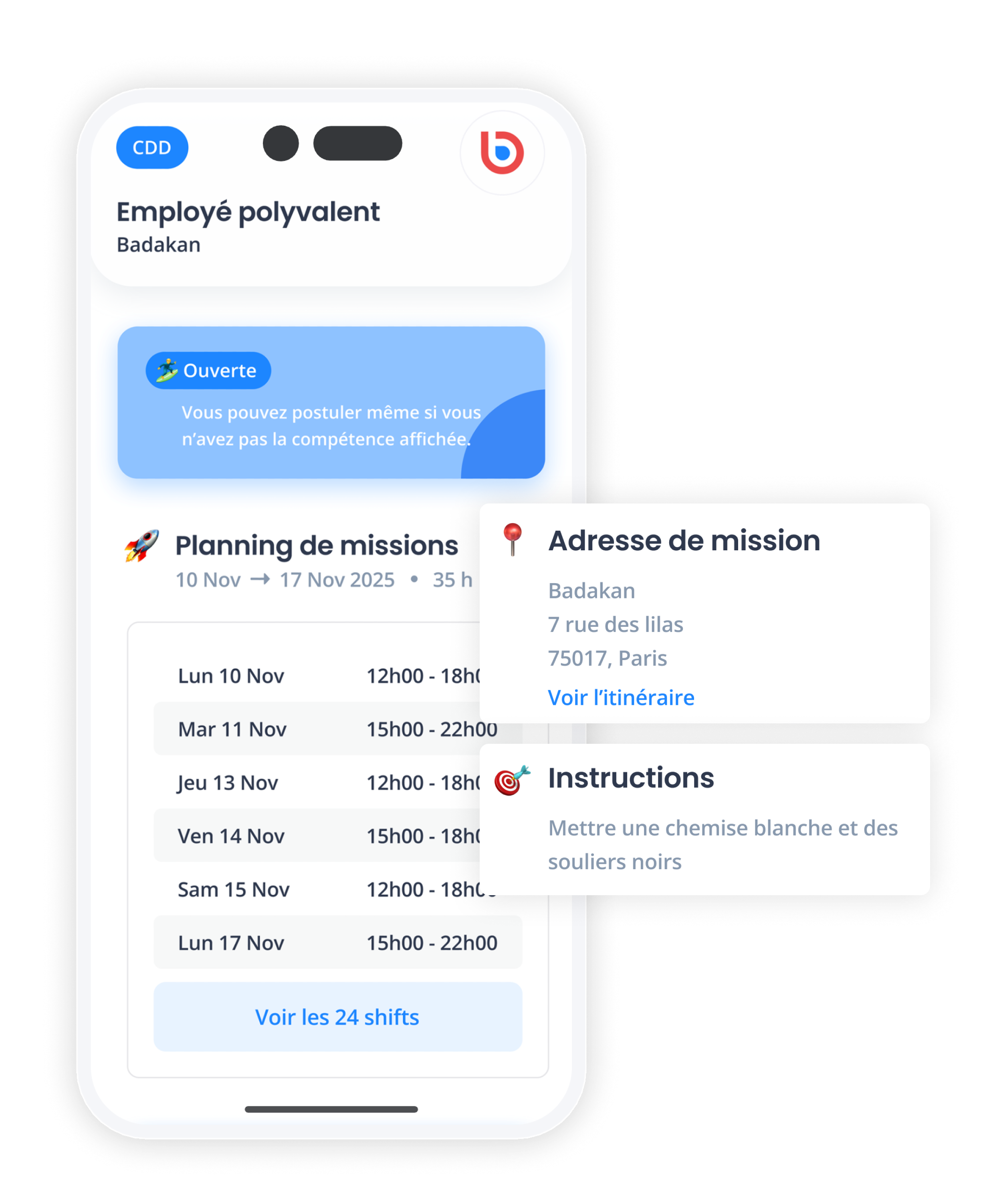 Écran de l'Application montrant le planning de missions d'un salarié extra ainsi que les instructions de mission données par le manager (lieu, instructions, tenue, etc)