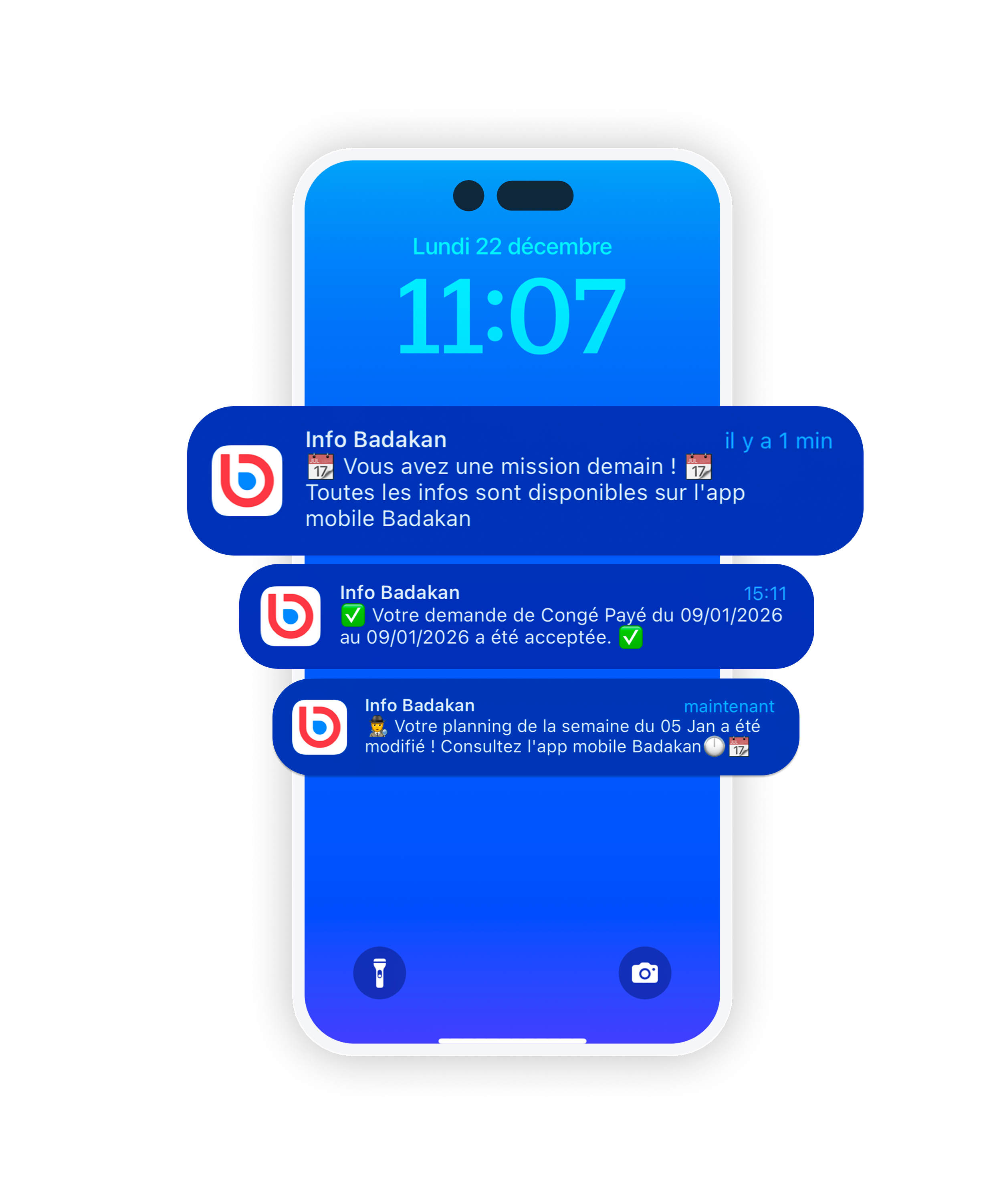 écran mobile avec toutes les notifications de l'application : Rappel de mission, absence validée et notification de modification du planning