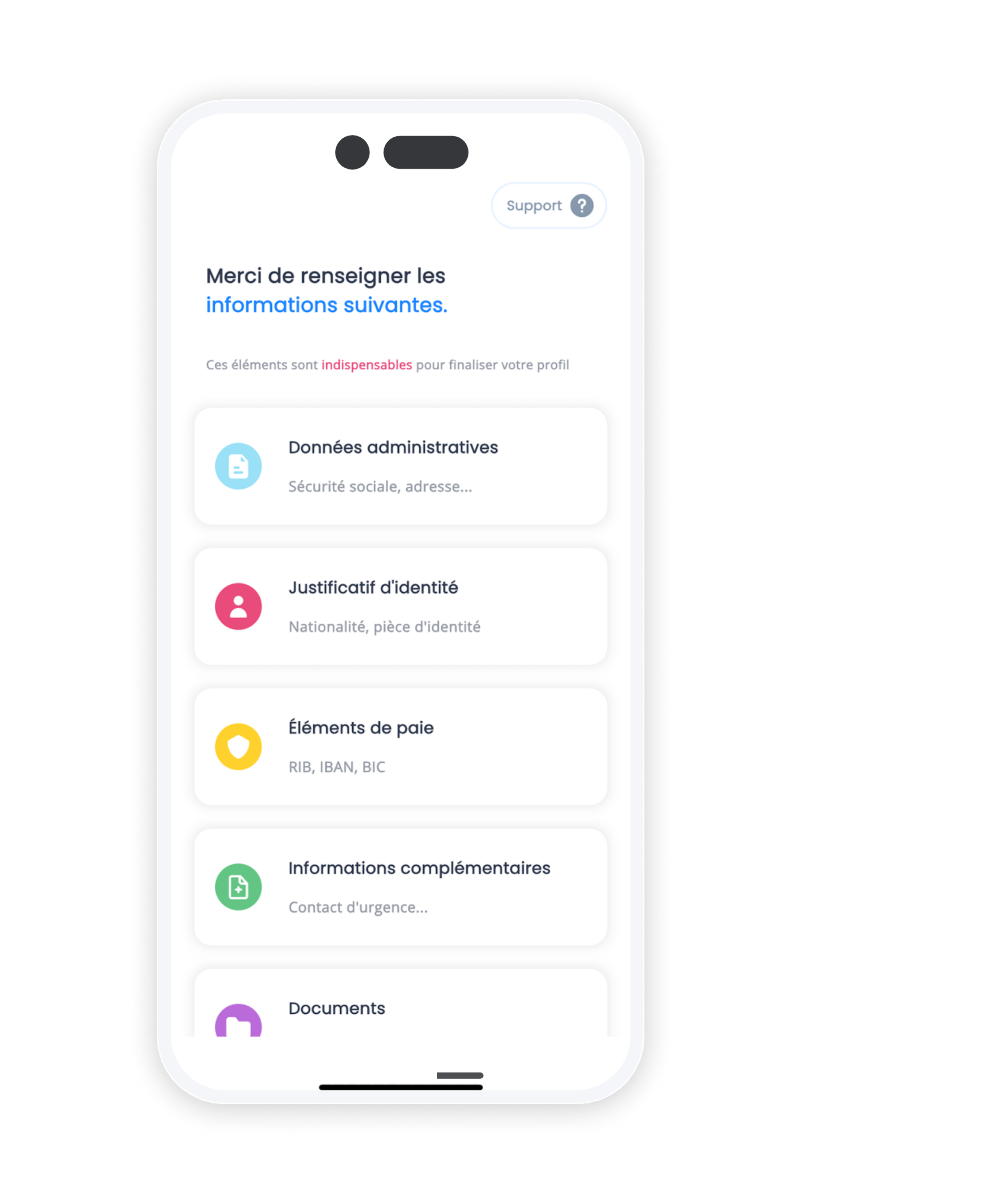 Maquette de l'écran mobile de l'application Badakan qui montre les étapes d'onboarding et les documents à télécharger dans leur espace personnel salarié