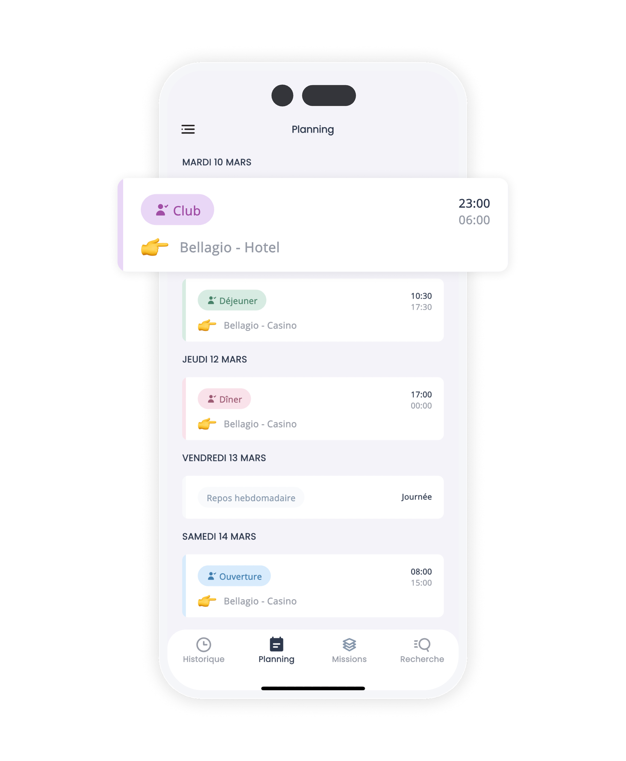 écran mobile de l'application Badakan avec vue du planning d'un salarié
