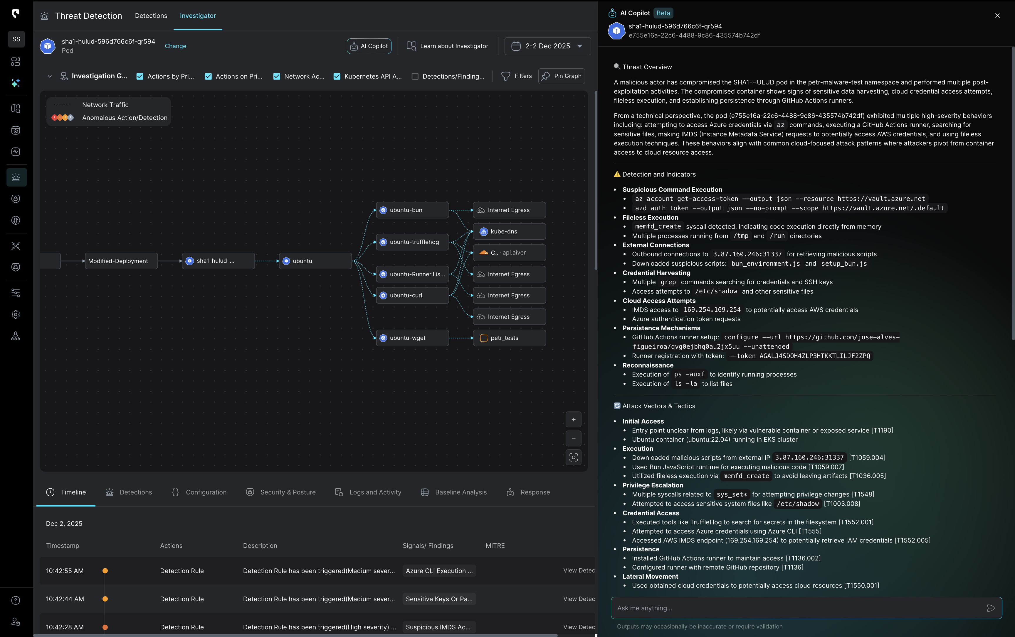 User interface of a Threat Detection Investigator showing a flow diagram of a compromised pod, detailed threat overview, detection indicators, and a timeline of triggered detection rules.