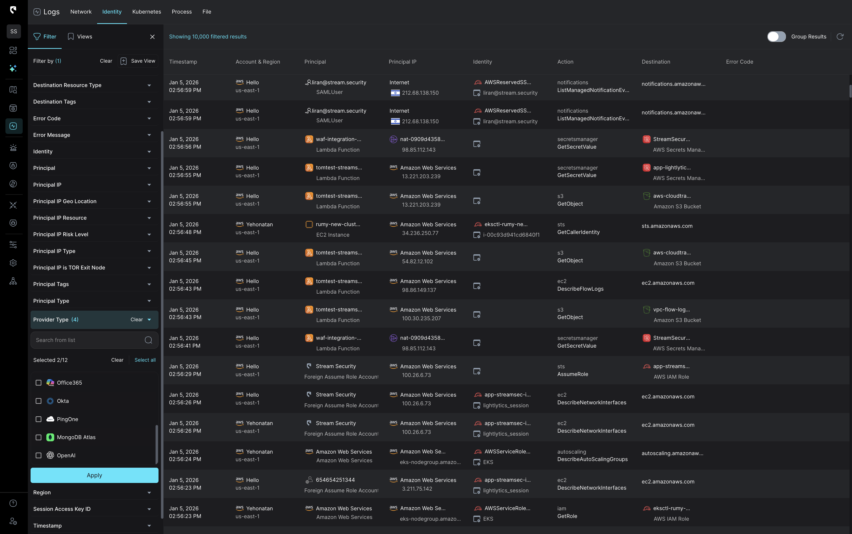 Dark-themed log monitoring interface displaying multiple filtered identity logs with timestamps, accounts, principals, IP addresses, actions, and destinations, alongside a left sidebar with filter options and provider type selections.