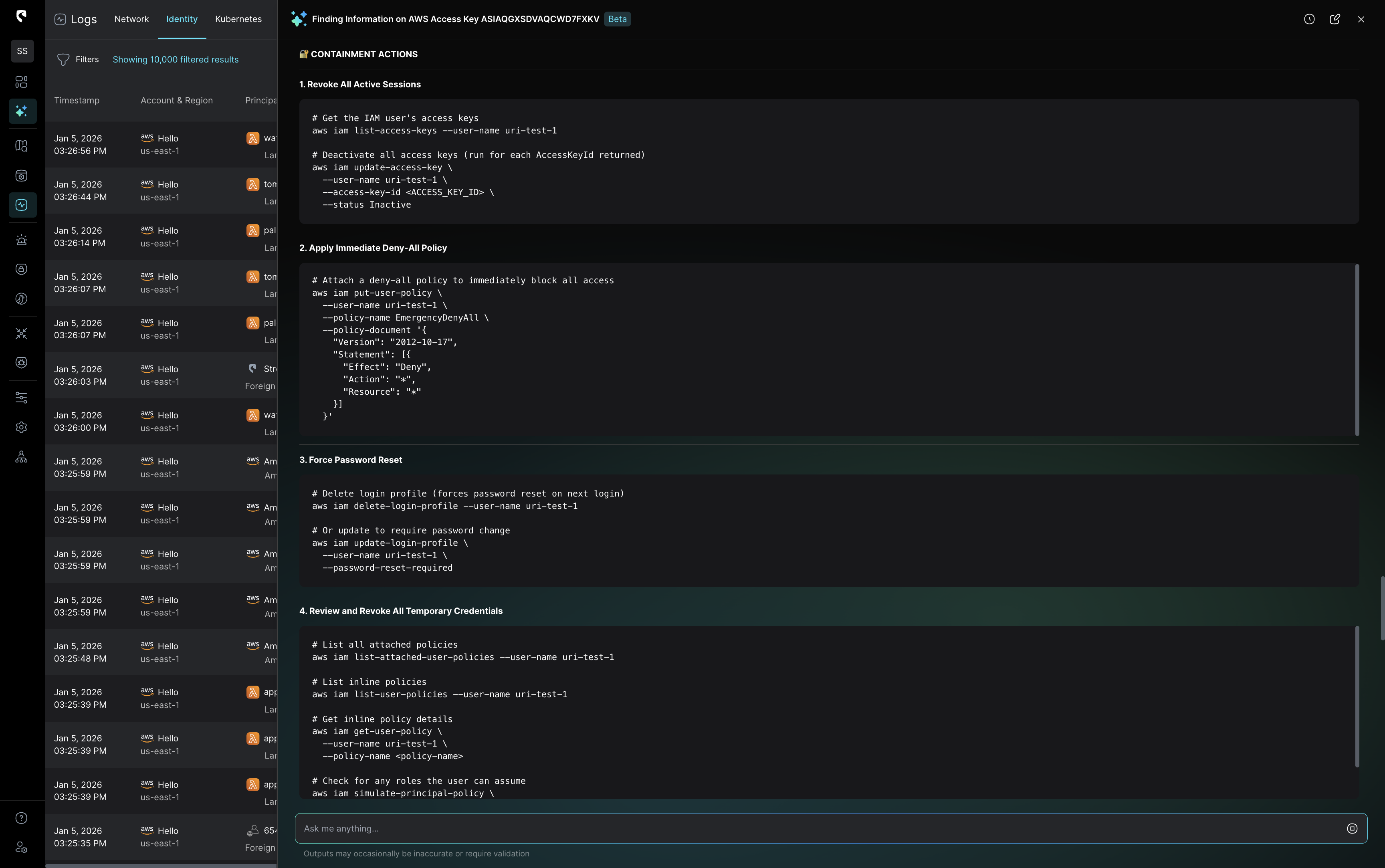 Dashboard interface showing filtered AWS Identity logs and a multi-step guide with commands for revoking sessions, applying deny-all policies, forcing password resets, and revoking temporary credentials on AWS IAM user.
