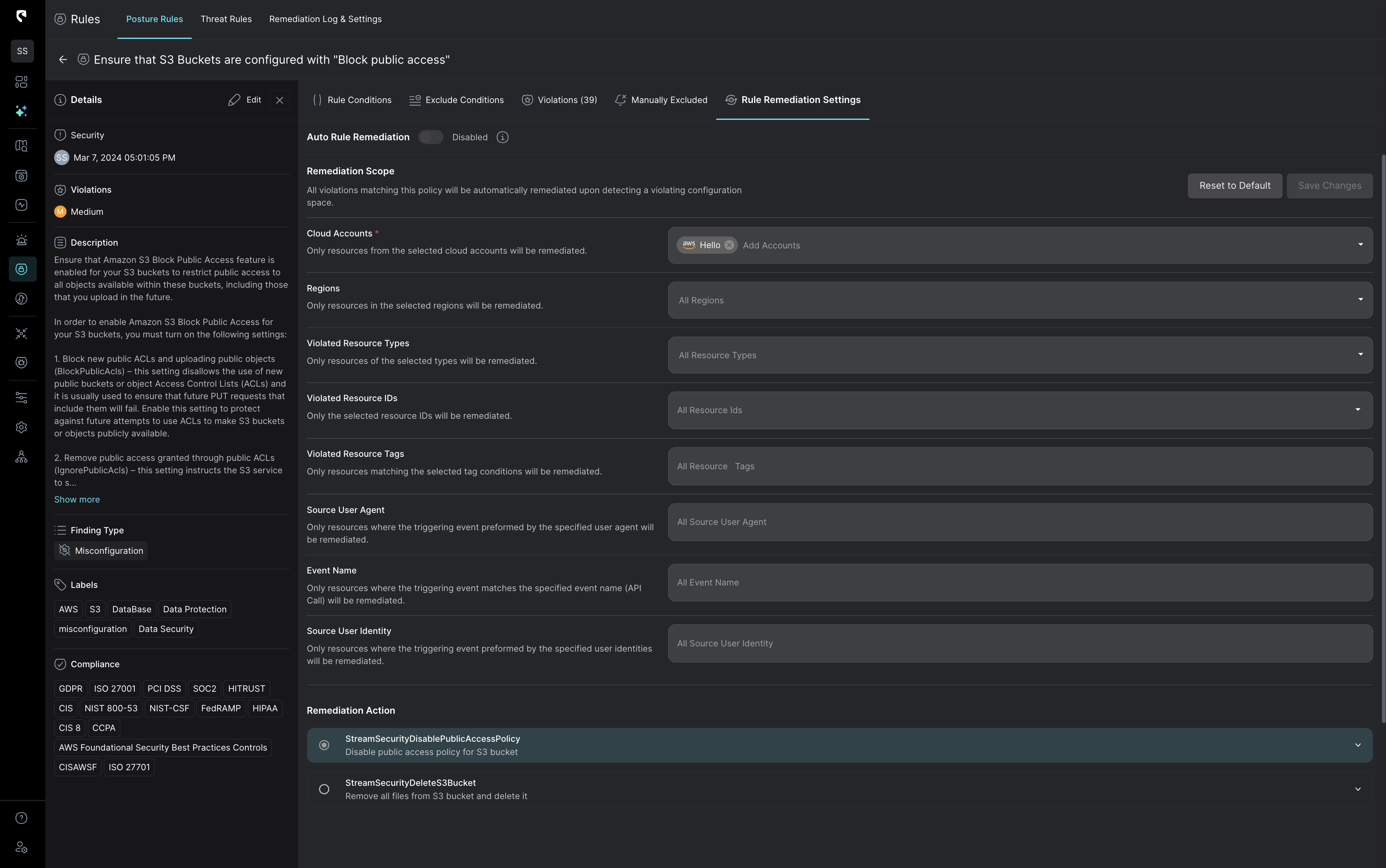 Cloud security dashboard showing posture rule settings to ensure S3 buckets block public access, with remediation options to disable public access policy or delete the S3 bucket.