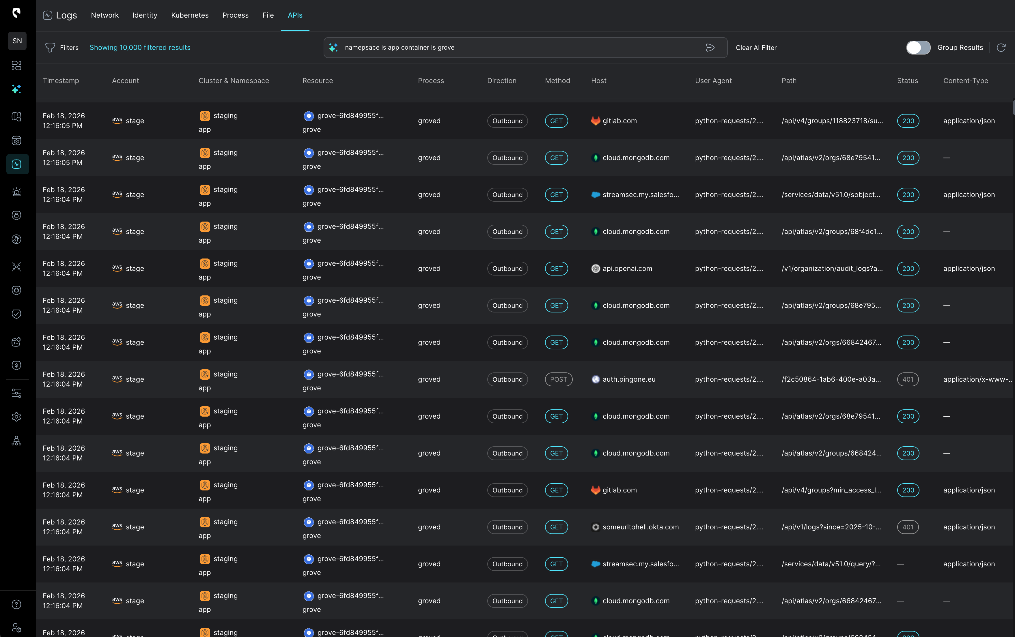 Threat Detection dashboard showing details and risk analysis of an anomalous AWS EC2 instance connectivity with high severity alerts and unusual outbound connections.