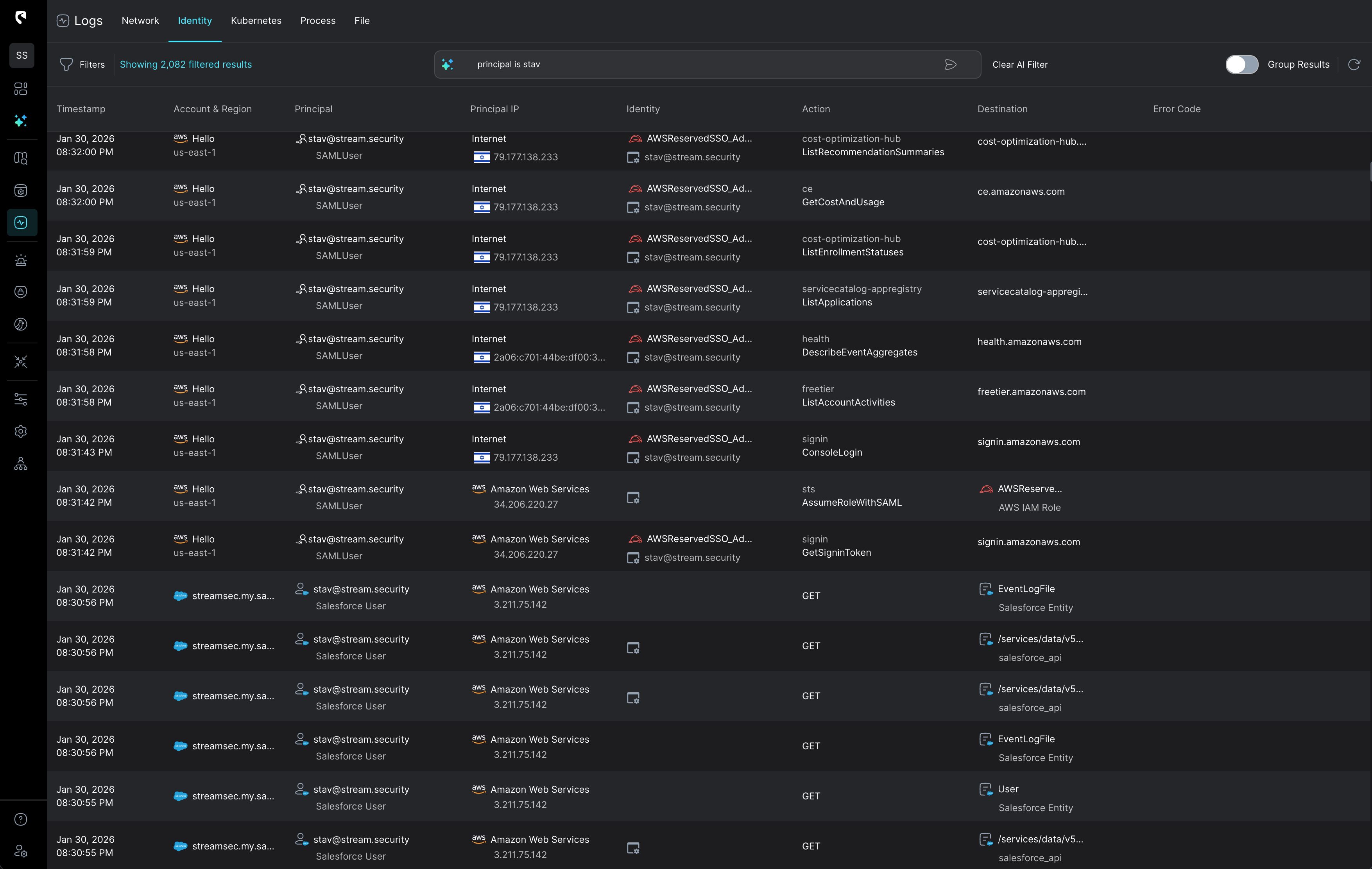 Threat Detection showing Anomalous Data Store Connectivity with details on outbound connections, traffic volume graph from August 13-20, and related threat activity including severity and confidence levels.