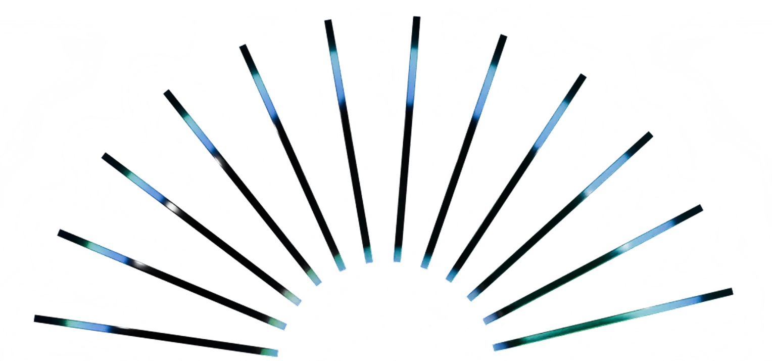 Sunburst pattern with blue and green gradient beams radiating from a central point.