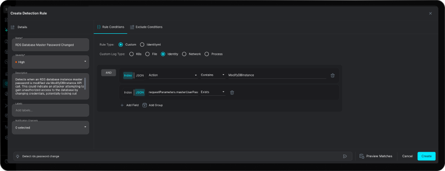 Create Detection Rule builder interface 