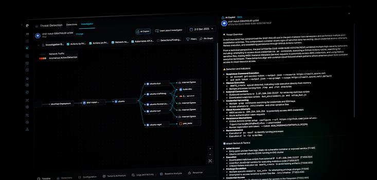 User interface of a Threat Detection Investigator showing a flow diagram of a compromised pod, detailed threat overview, detection indicators, and a timeline of triggered detection rules.