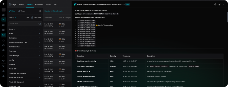 Security dashboard showing critical AWS access key findings with timestamps, detection types, severity, threat indicators, and analysis of suspicious activity from Tor exit node IP 109.70.100.2.