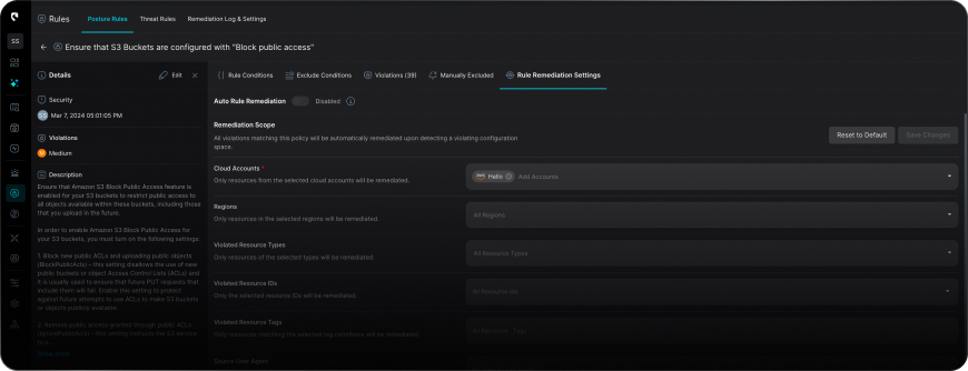 Cloud security dashboard showing posture rule settings to ensure S3 buckets block public access, with remediation options to disable public access policy or delete the S3 bucket.