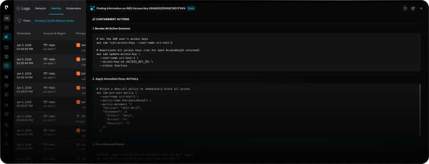 Dashboard interface showing filtered AWS Identity logs and a multi-step guide with commands for revoking sessions, applying deny-all policies, forcing password resets, and revoking temporary credentials on AWS IAM user.