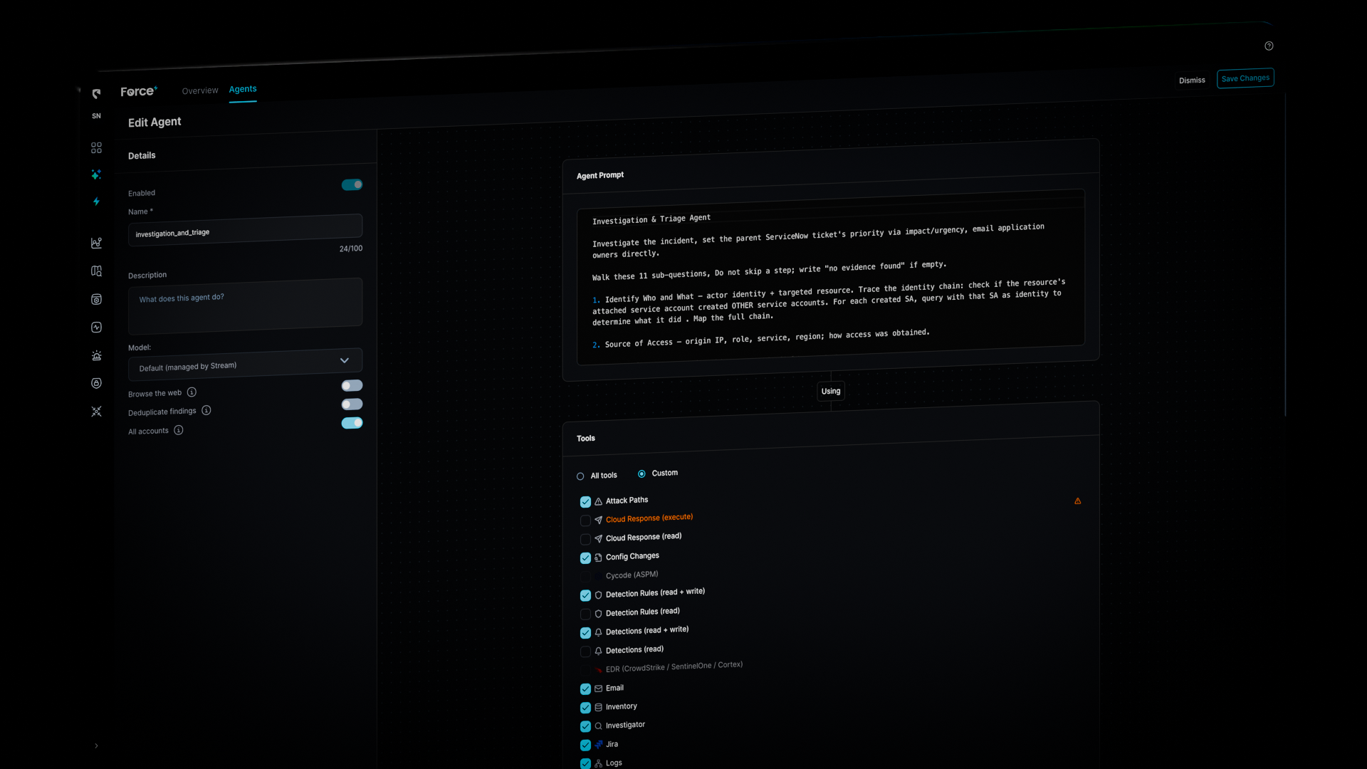 Dashboard showing configuration change event with details, risk summary, resource scope, and associated resources, listing multiple security risks and permissions related to AWS resources.