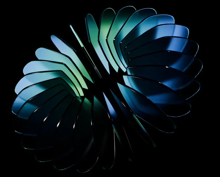 Blue and green metallic curved blades arranged in a circular, spiral pattern on black background.
