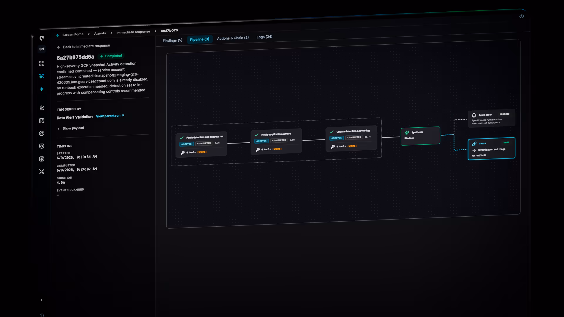 Threat Detection showing Anomalous Data Store Connectivity with details on outbound connections, traffic volume graph from August 13-20, and related threat activity including severity and confidence levels.