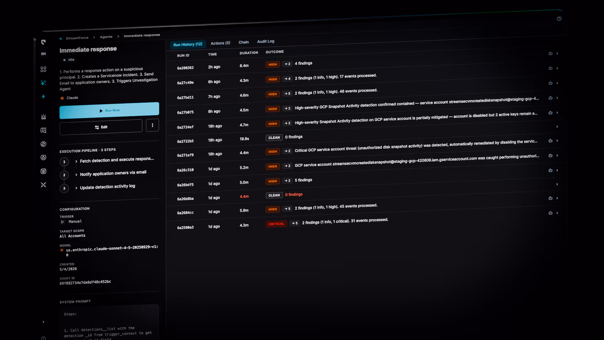 Threat Detection showing Anomalous Data Store Connectivity with details on outbound connections, traffic volume graph from August 13-20, and related threat activity including severity and confidence levels.