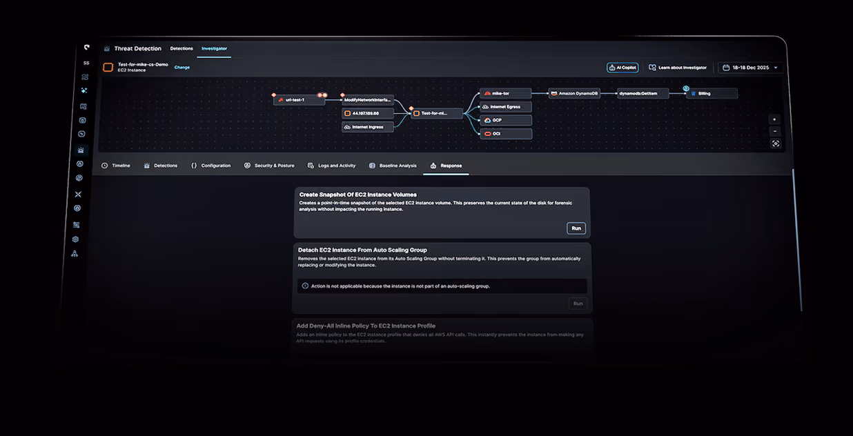 Computer screen showing a cybersecurity threat detection interface with a flow diagram of connected nodes at the top and options below to create snapshots of EC2 instance volumes or detach EC2 instances from auto scaling groups, with buttons labeled Run.