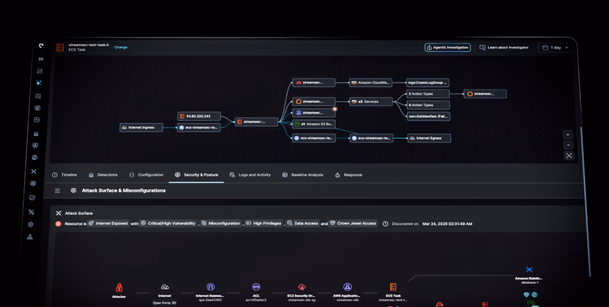 Screenshot of a security software interface showing a network attack surface and misconfigurations view, with a visual diagram of network connections and various security tabs.