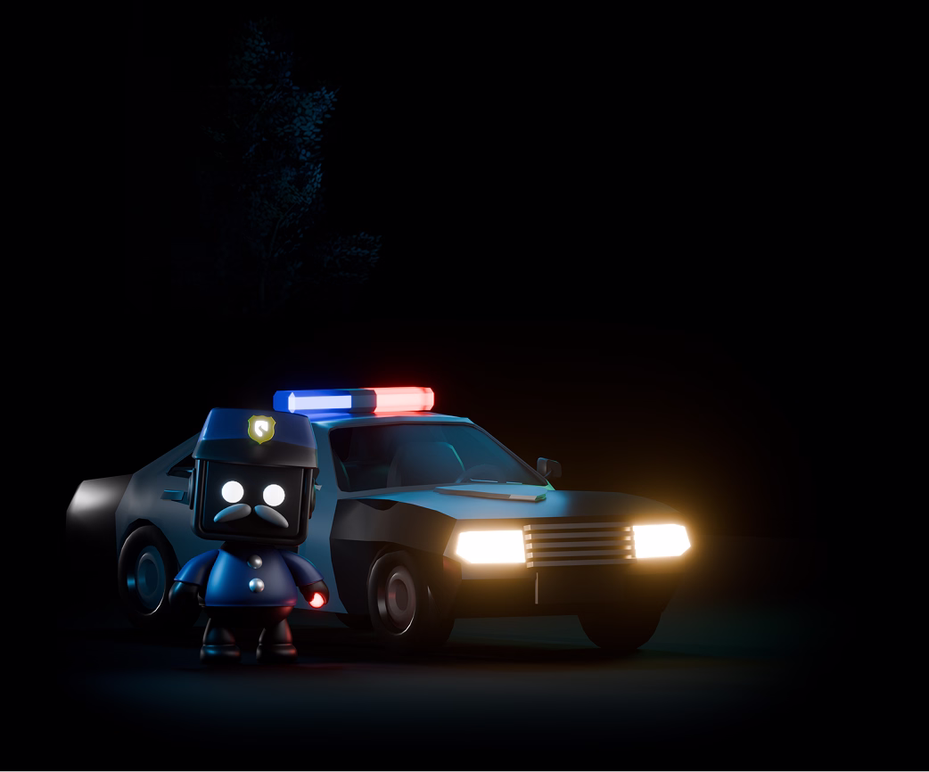 3D illustration of a stylized police officer figure with a sad face standing next to a black-and-white police car with headlights and red-blue siren lights on in a dark setting.