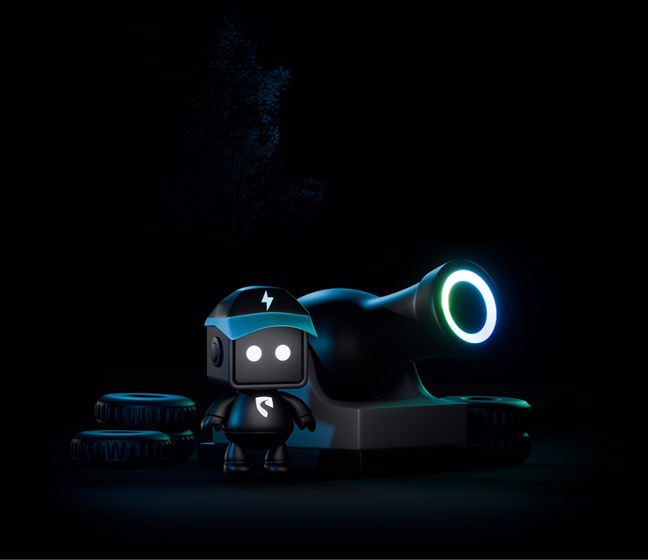 A small black robot with glowing white eyes and a blue cap featuring a lightning bolt stands next to a futuristic glowing cannon on a dark background, surrounded by three round black objects.