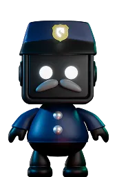 3D cartoon police officer character with glowing white eyes, a mustache, and a blue uniform with buttons and a police badge on the hat.