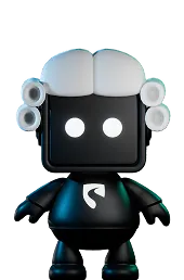 Black robot with a rectangular head and white circular eyes wearing a white wig reminiscent of a judge’s powdered wig.