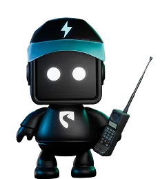Black robot with glowing white eyes, wearing a blue cap with a lightning bolt symbol, holding a walkie-talkie with a long antenna.
