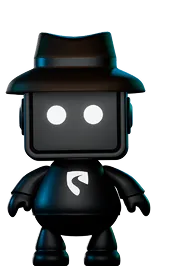 Small black robot figure with glowing white circular eyes and a wide-brimmed hat, standing facing forward on a black background.