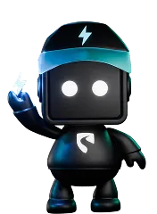 Small black robot with glowing white eyes and a lightning bolt symbol on its head, raising one arm with a glowing blue finger on a black background.