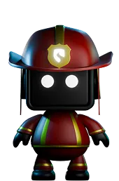 Cute robot firefighter with glowing white eyes wearing a red helmet with a yellow shield emblem and a matching red firefighter suit with reflective stripes.