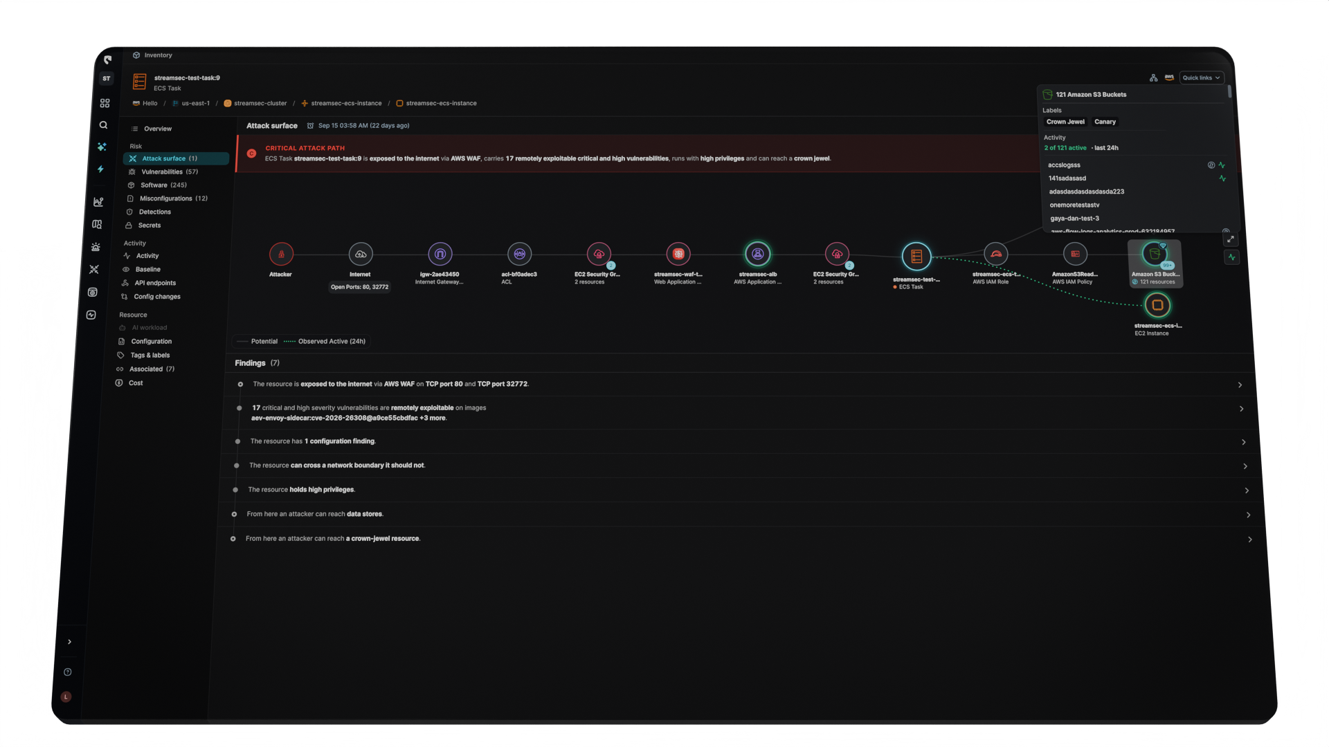 Threat Detection dashboard showing details and risk analysis of an anomalous AWS EC2 instance connectivity with high severity alerts and unusual outbound connections.