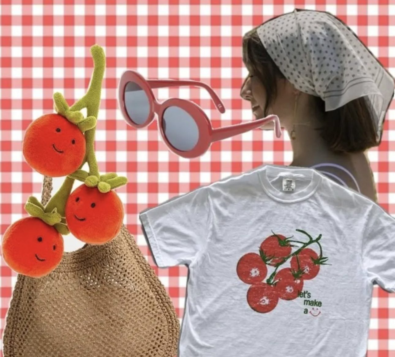 a collage with picnic blanket, farmers market bag, sunglasses, tomatoes, and girl wearing head scarf 