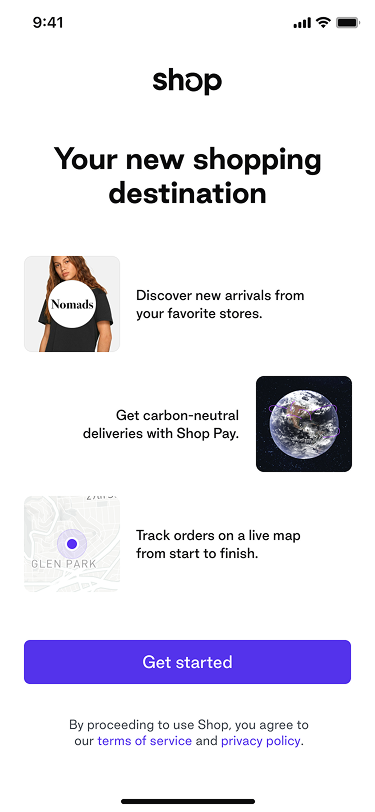 An image of Shop's onboarding experiment, showing a one-screen design with 3 core messages. The headline and first message is shopping focussed. 