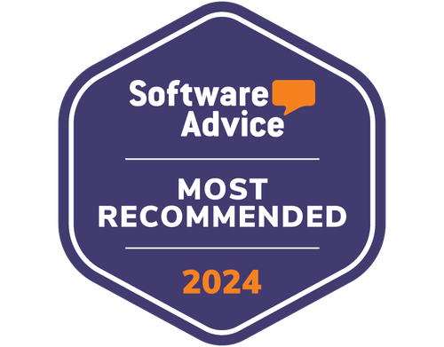 Software Advice badge with text 'Most Recommended 2024' on a purple hexagonal background.