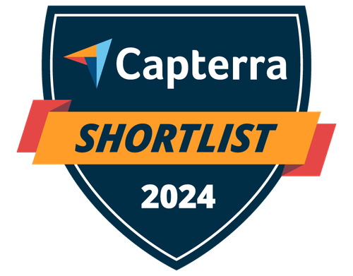 Capterra Shortlist 2024 badge with a dark blue shield background and orange banner.
