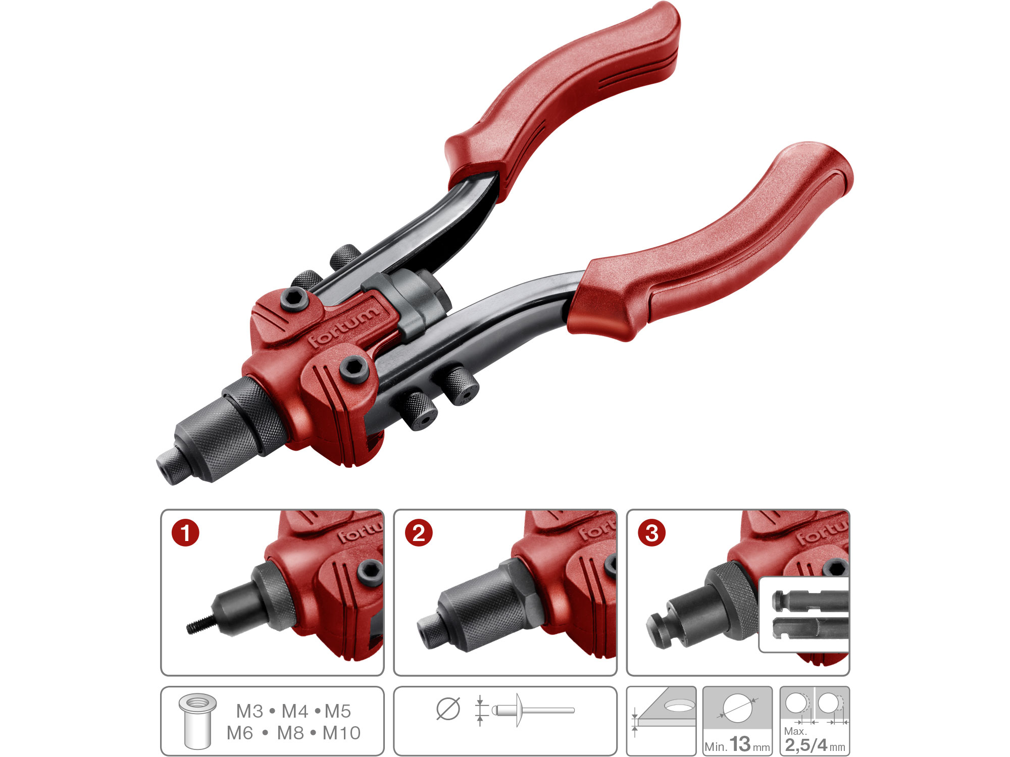 3 in 1 COMBO hand riveter 260mm, functions - riveting: nut M3-M4-M5-M6-M8-M10, blind r. 2,4-3,2-4,0-4,8-6,0-6,4mm and reaming, BMC packing