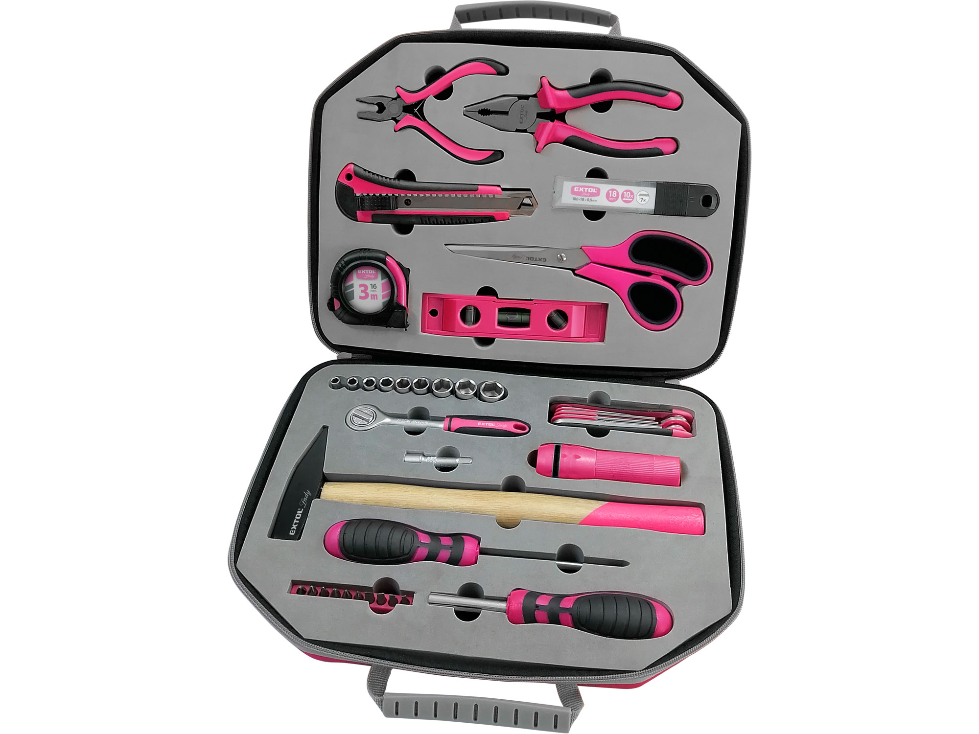 47pcs tool set - pink Lady, case covered by 1080D-OXFORD pink color, with EVA-foam tray inside, CrV
