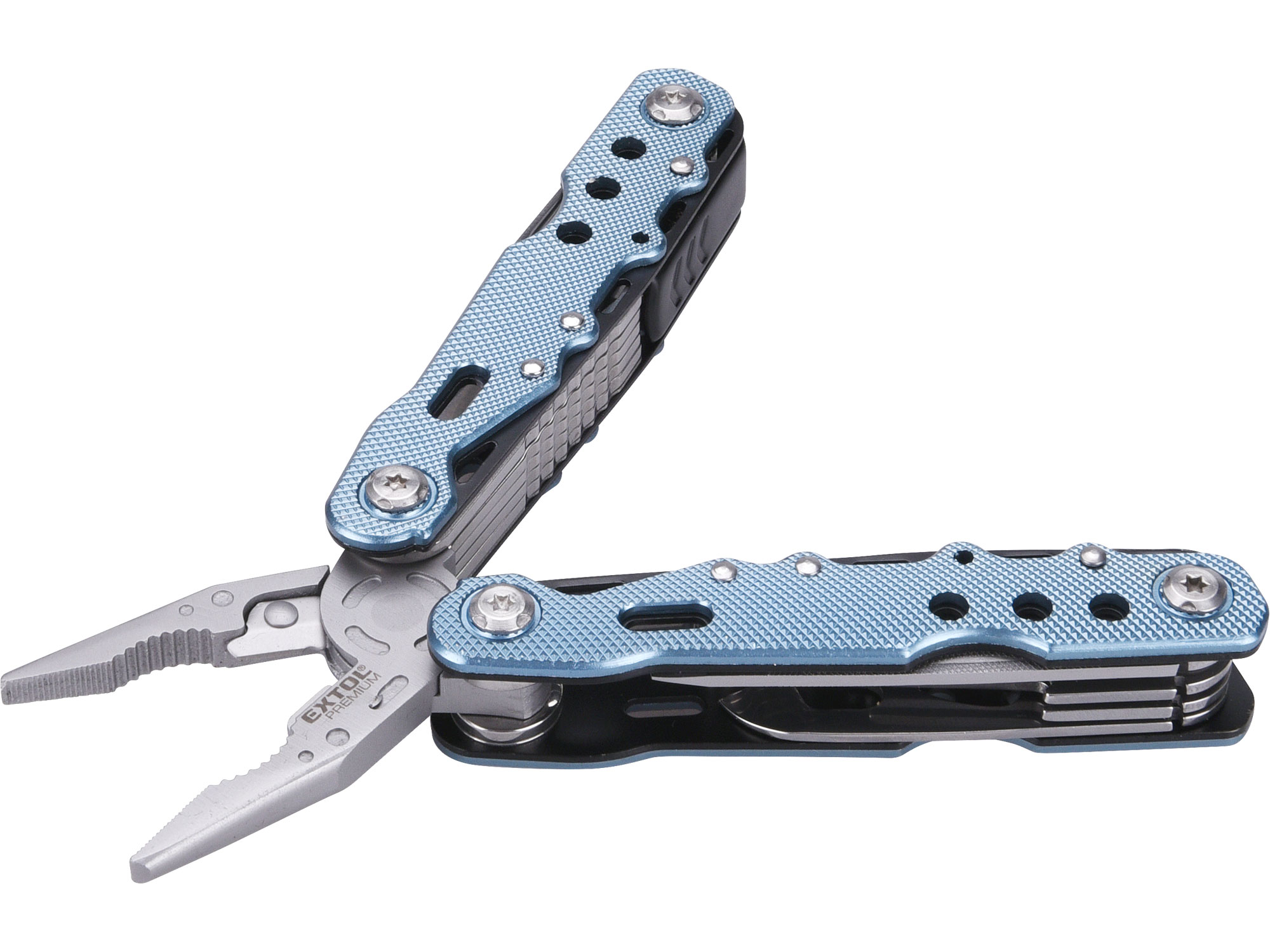 multipurpose tool knife 11 funct. With hard pouch, anodized ALU-knurling, sandblast components