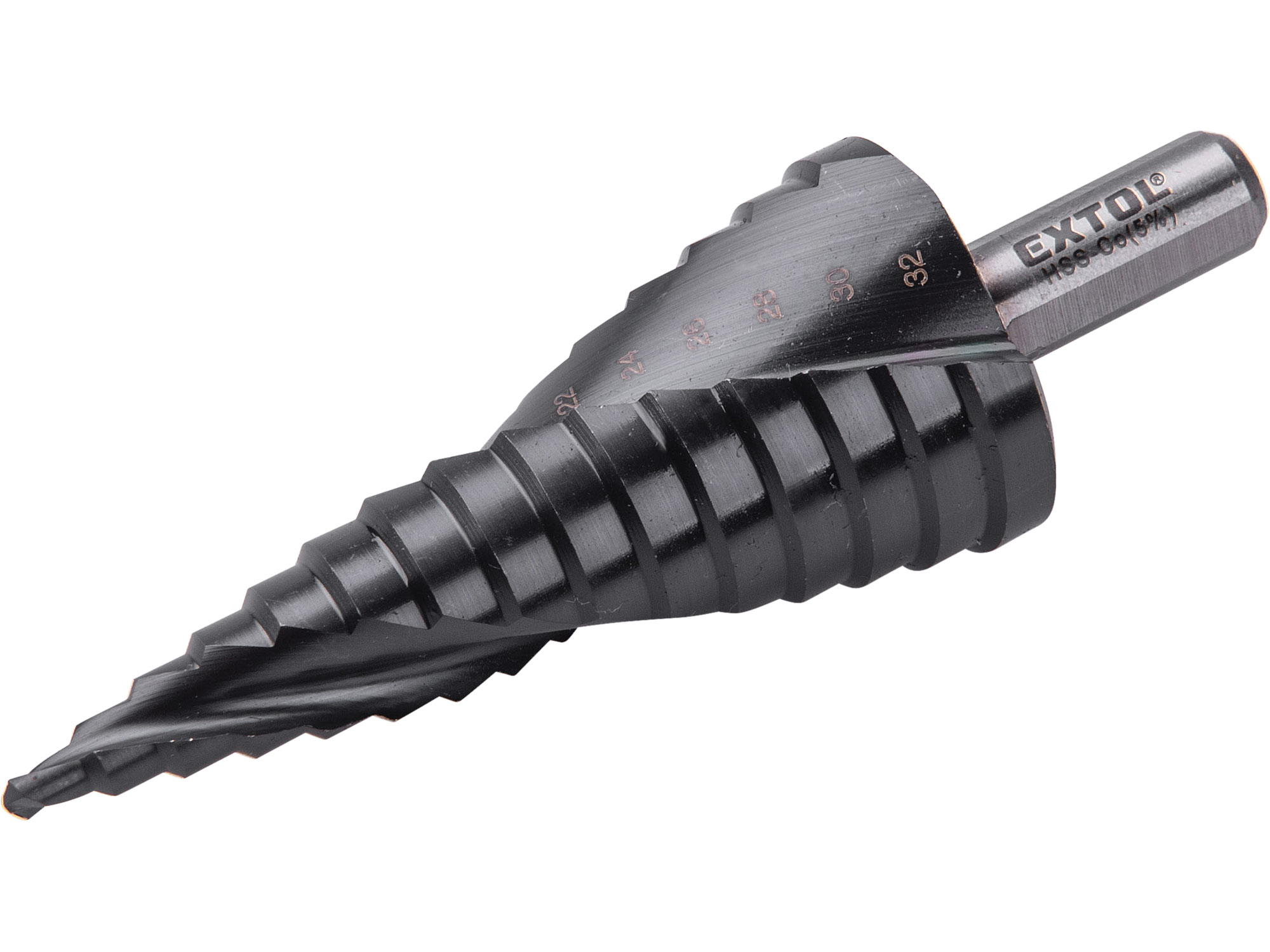 Step Drill with Spiral Ejector, HSS-Co, O 4-32mm in 2mm Steps