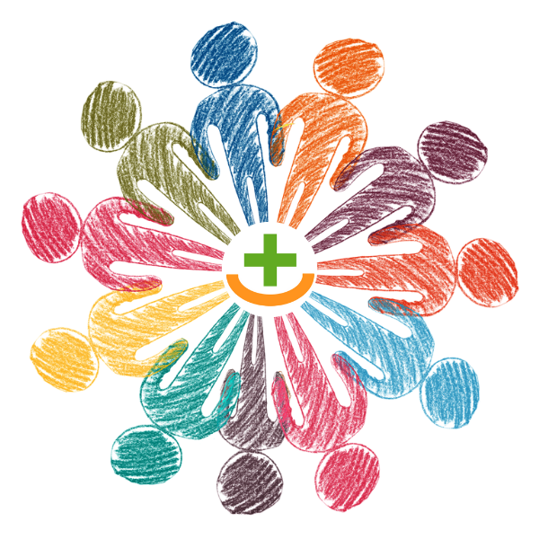 Medijoy community circle of crayon colored people in a circle with feet at the center and medijoy avatar in center