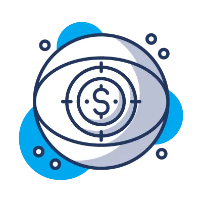 A blue and white circle with a dollar sign in the center.