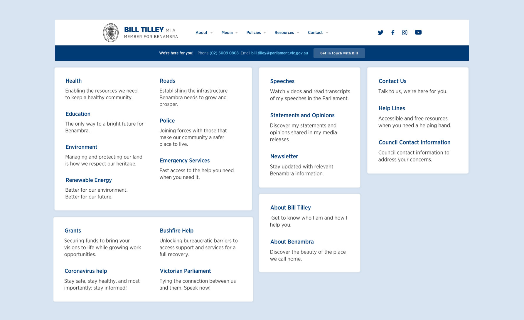 Screenshots of the navigation menu on the Bill Tilley Website