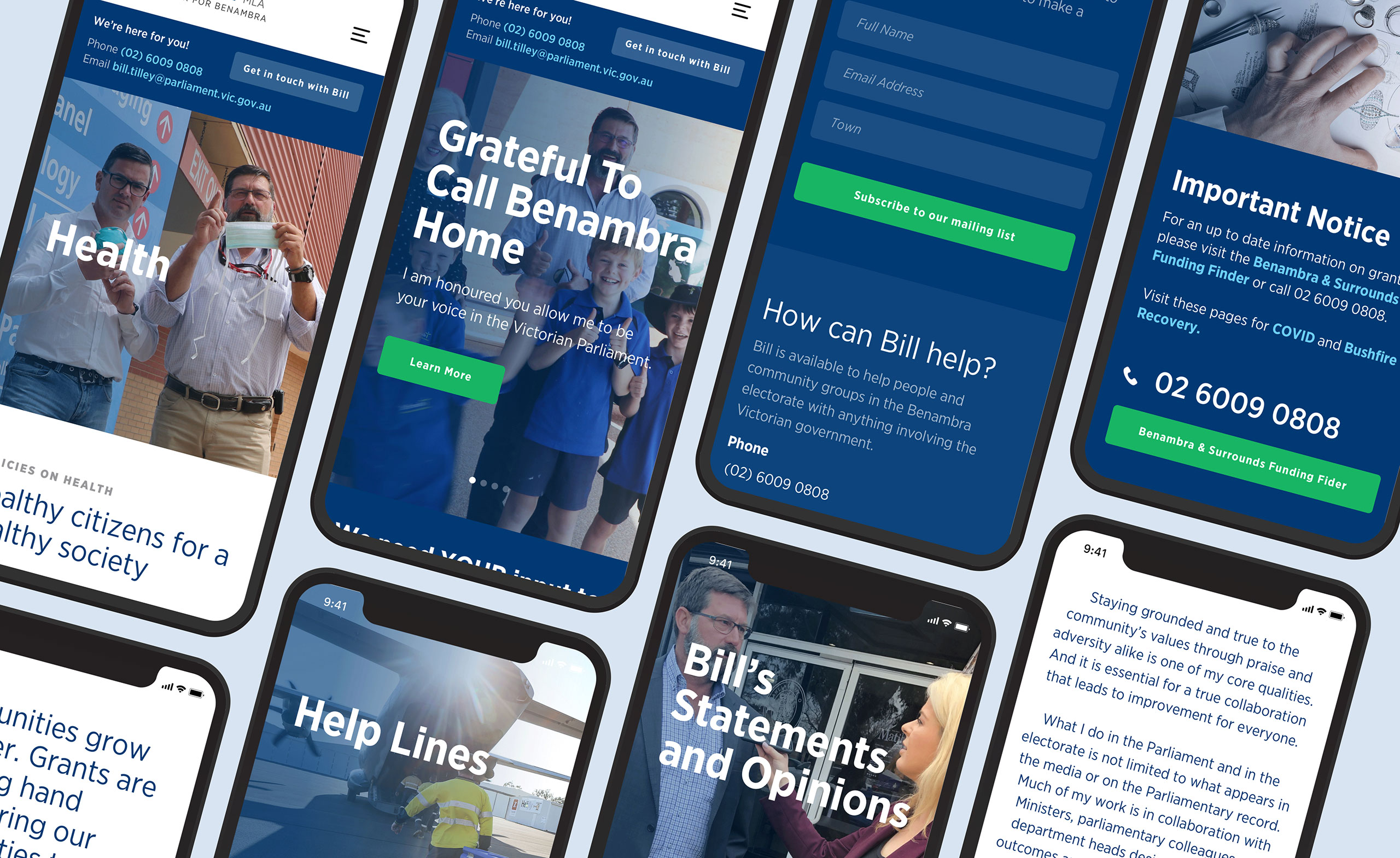 Mobile screenshots of the different pages on the Bill Tilley Website