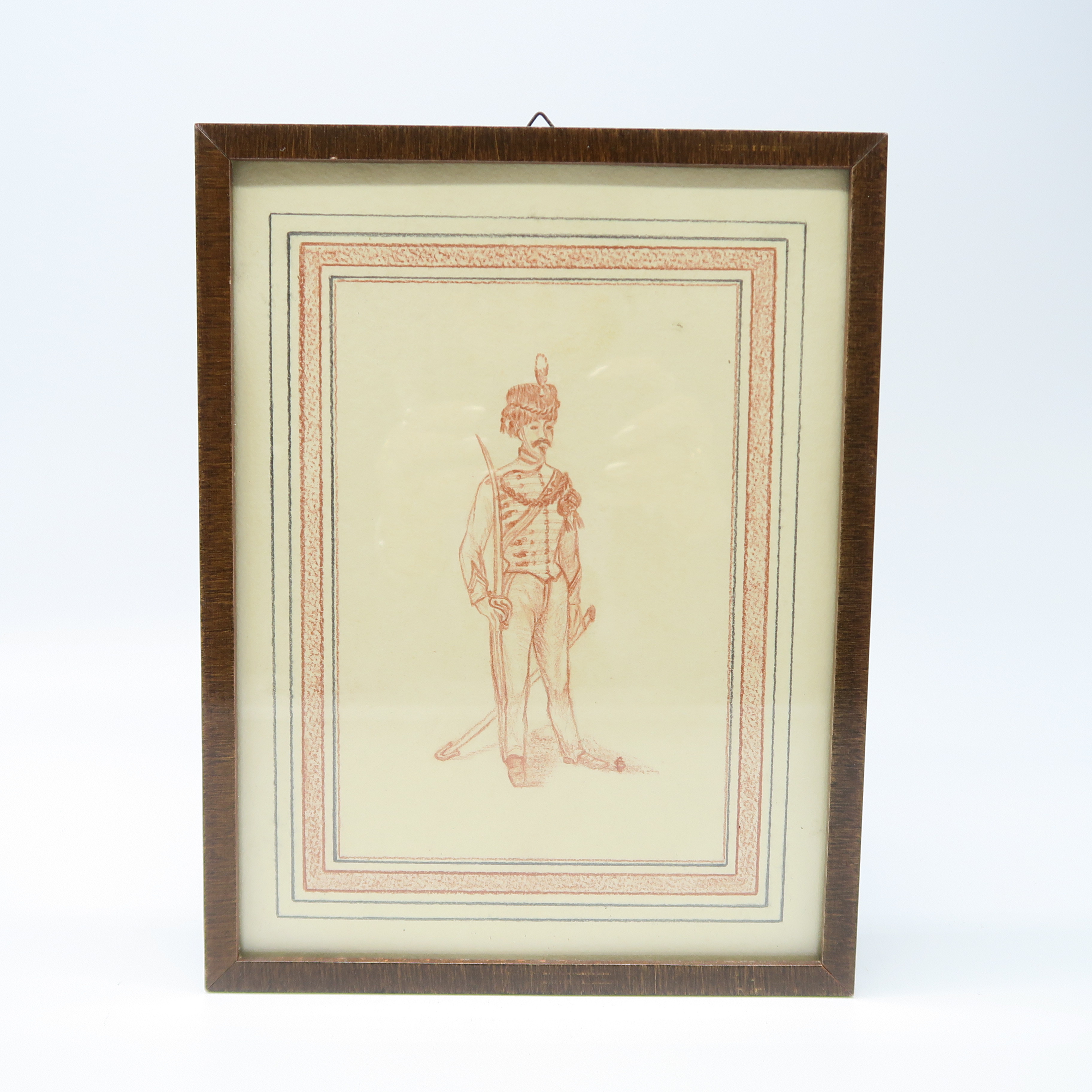 cadre en bois et dessin d'un garde impérial de l'artillerie 