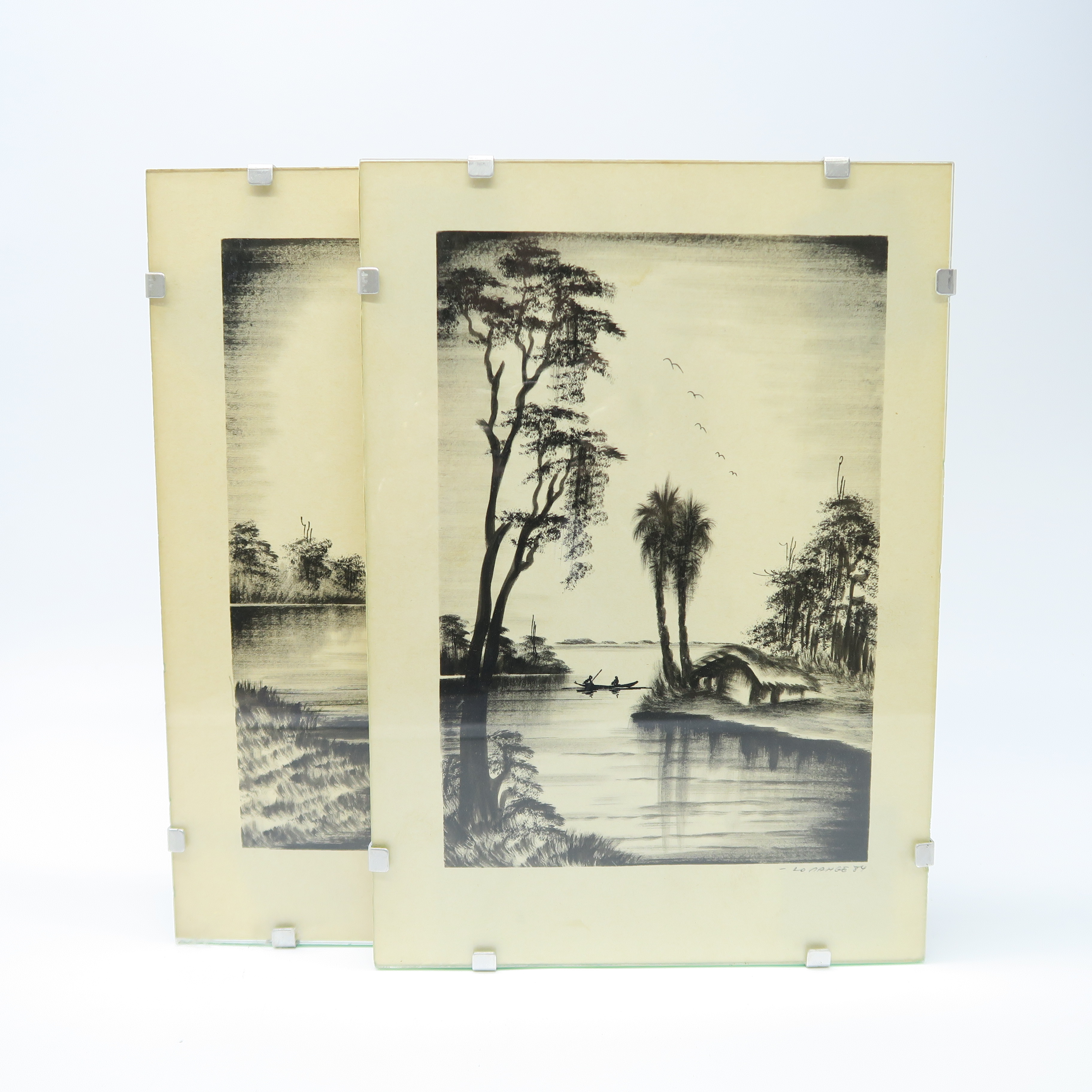 cadre avec dessin d'un paysage et palmiers (divers)