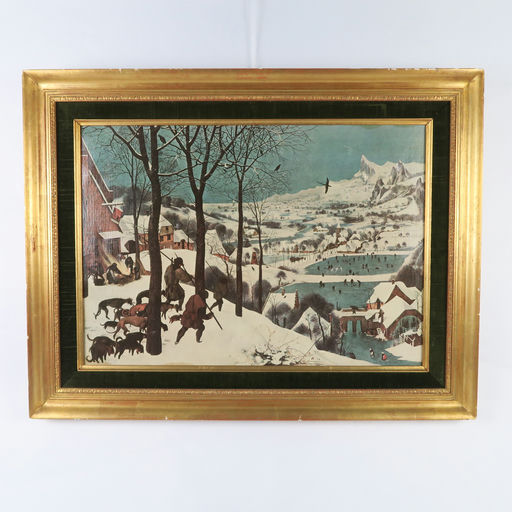 cadre doré et peinture de brughel l'ancien 'les chasseurs dans la neige'