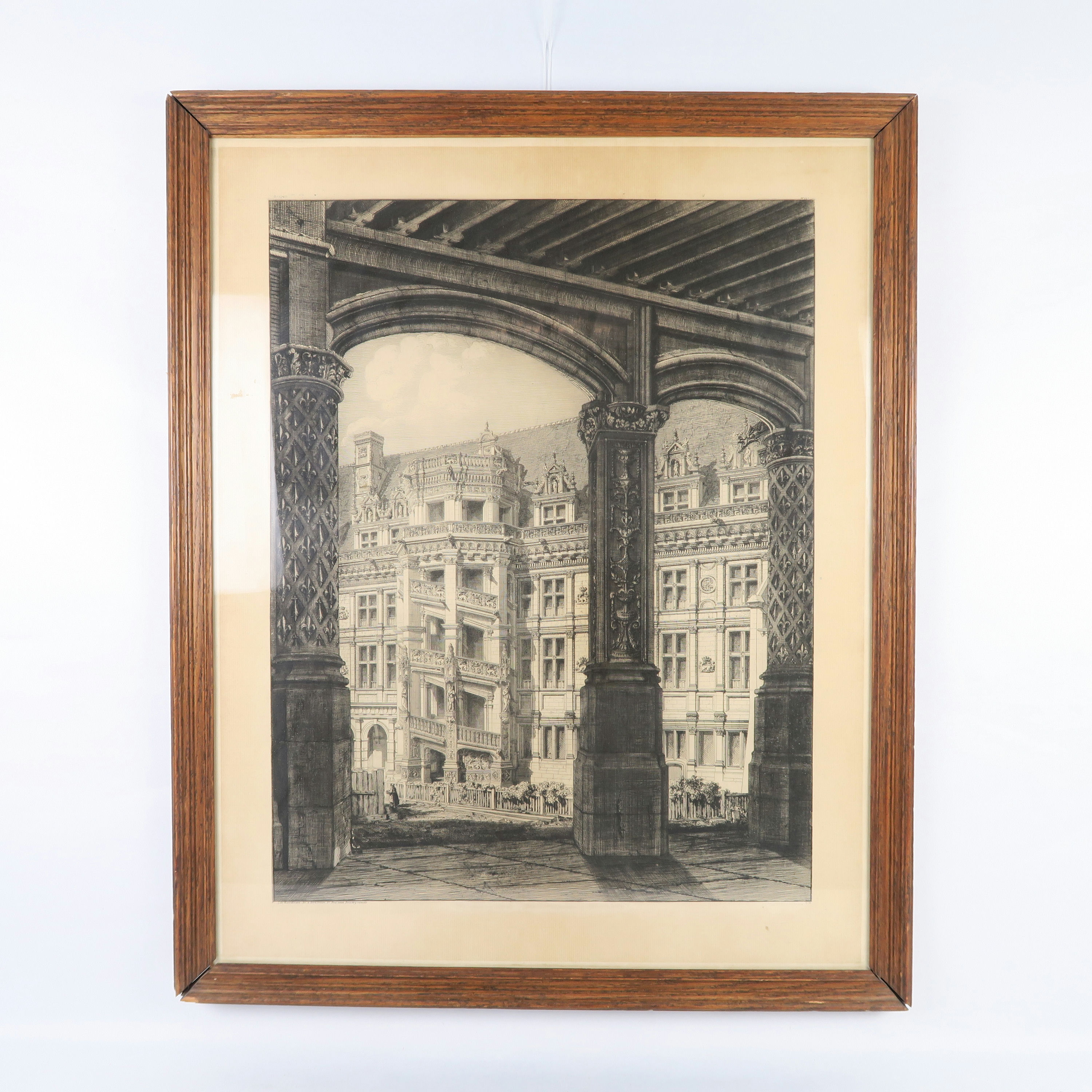 cadre en bois et lithographie arcades et immeubles