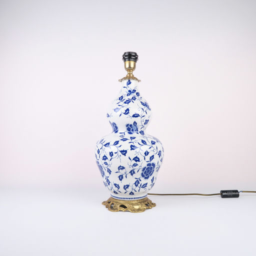 pied de lampe blanc à fleurs bleues socle doré